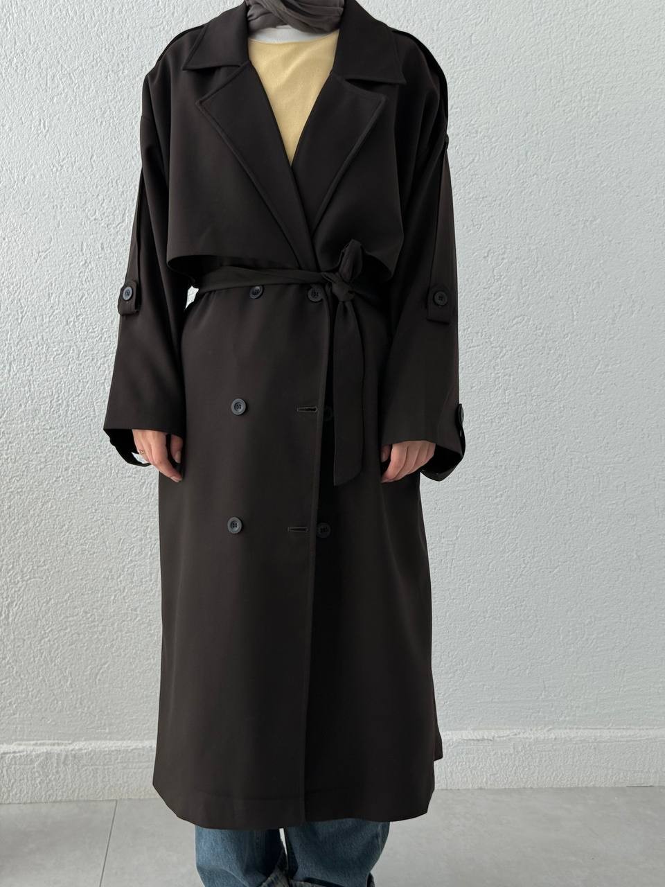 Premium Kalite Oversize Astarlı Kuşaklı Trençkot - Acı Kahve