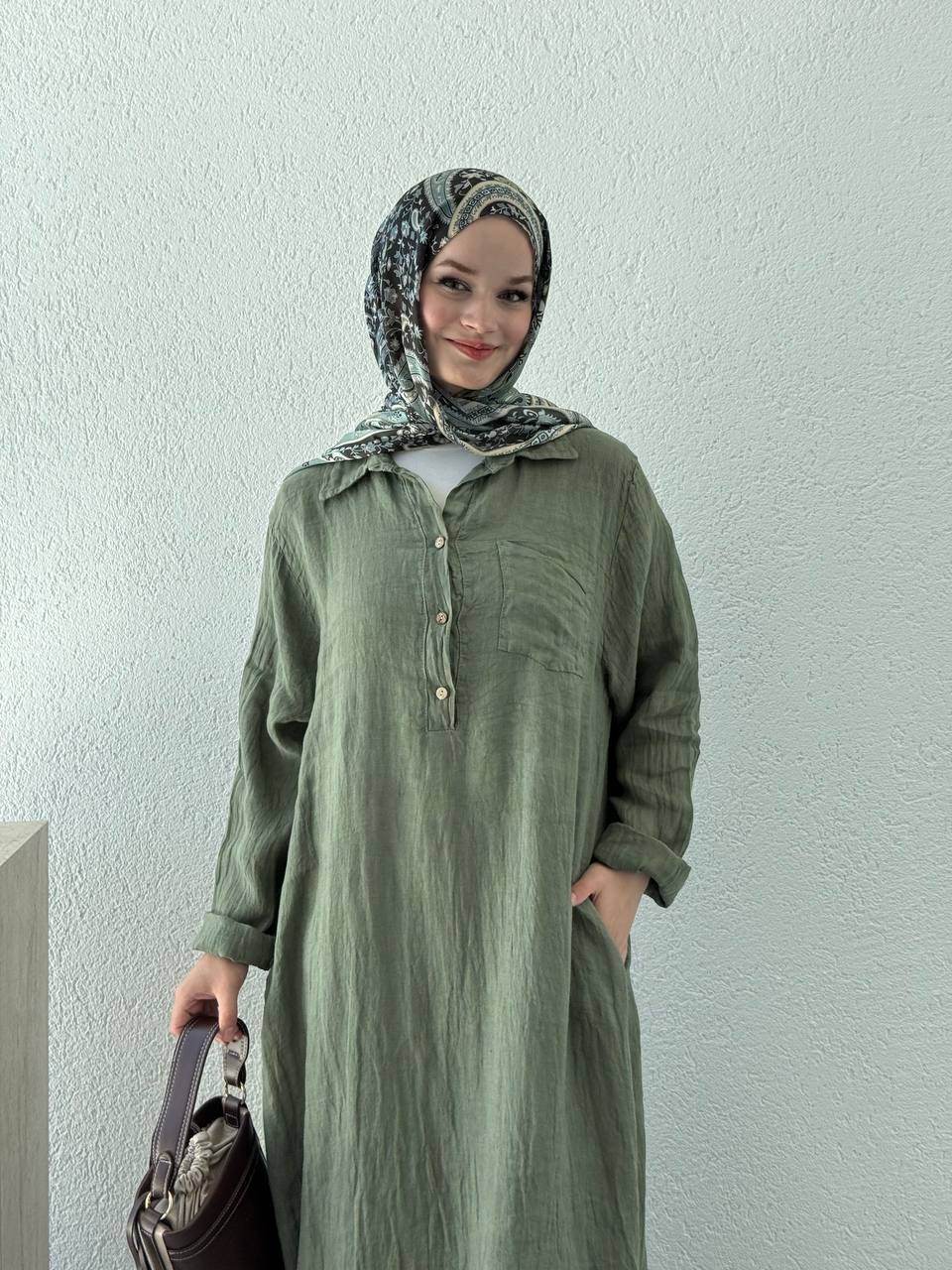 Keten Düğmeli Oversize Cepli Elbise FLR - Yeşil