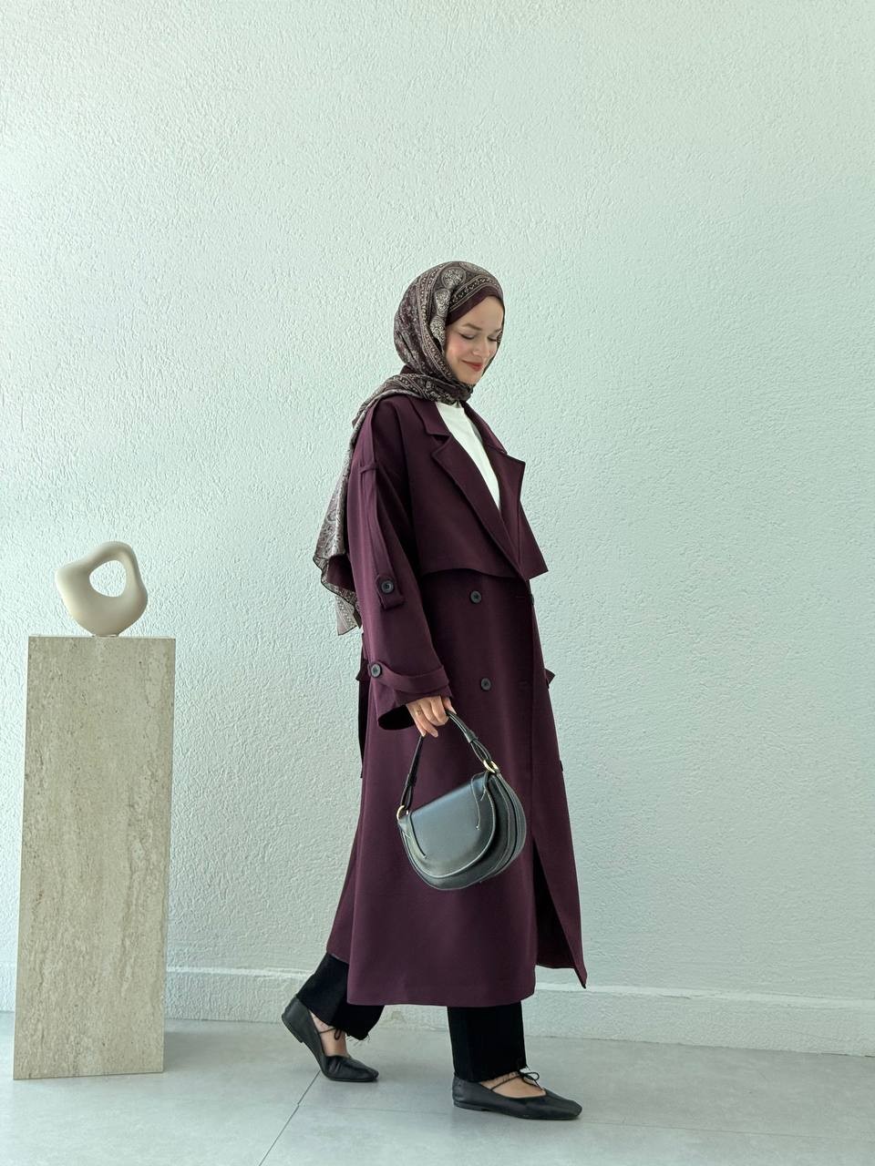 Premium Kalite Oversize Astarlı Kuşaklı Trençkot - Mürdüm