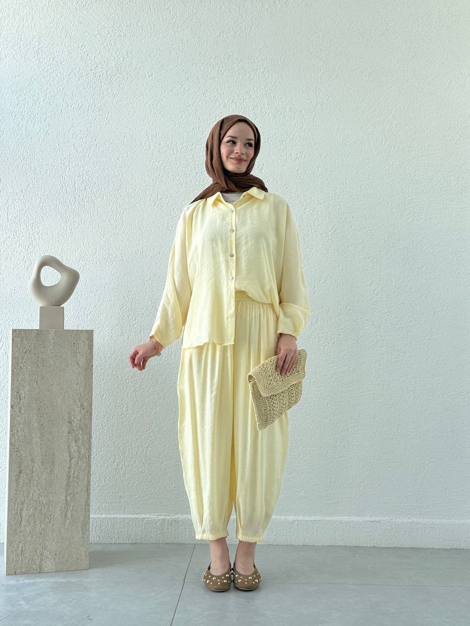 Kol Detaylı Tencel Şalvar Takım 50957 - SARI