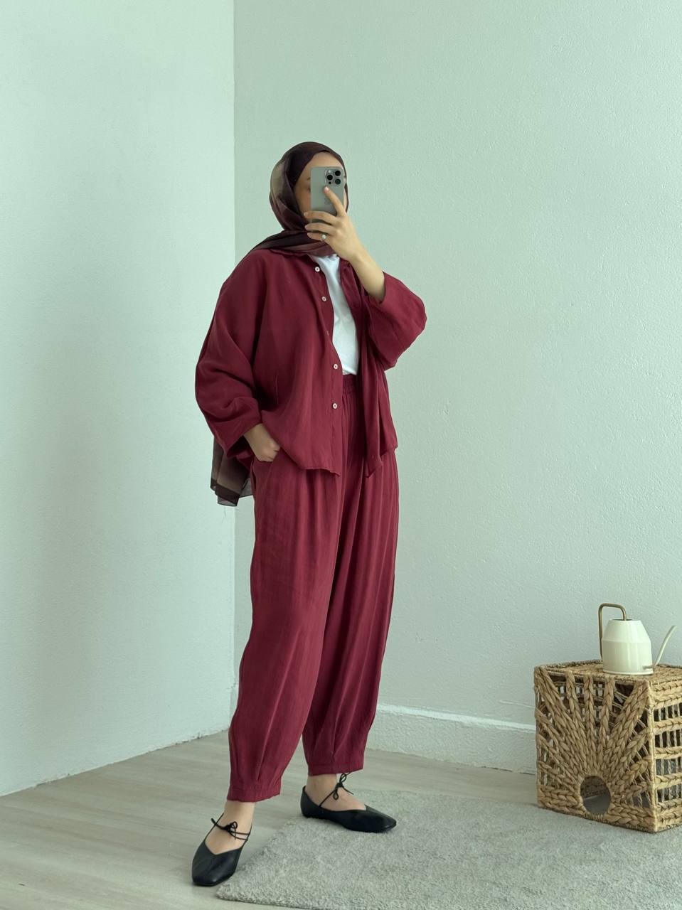 Kol Detaylı Tencel Şalvar Takım - bordo