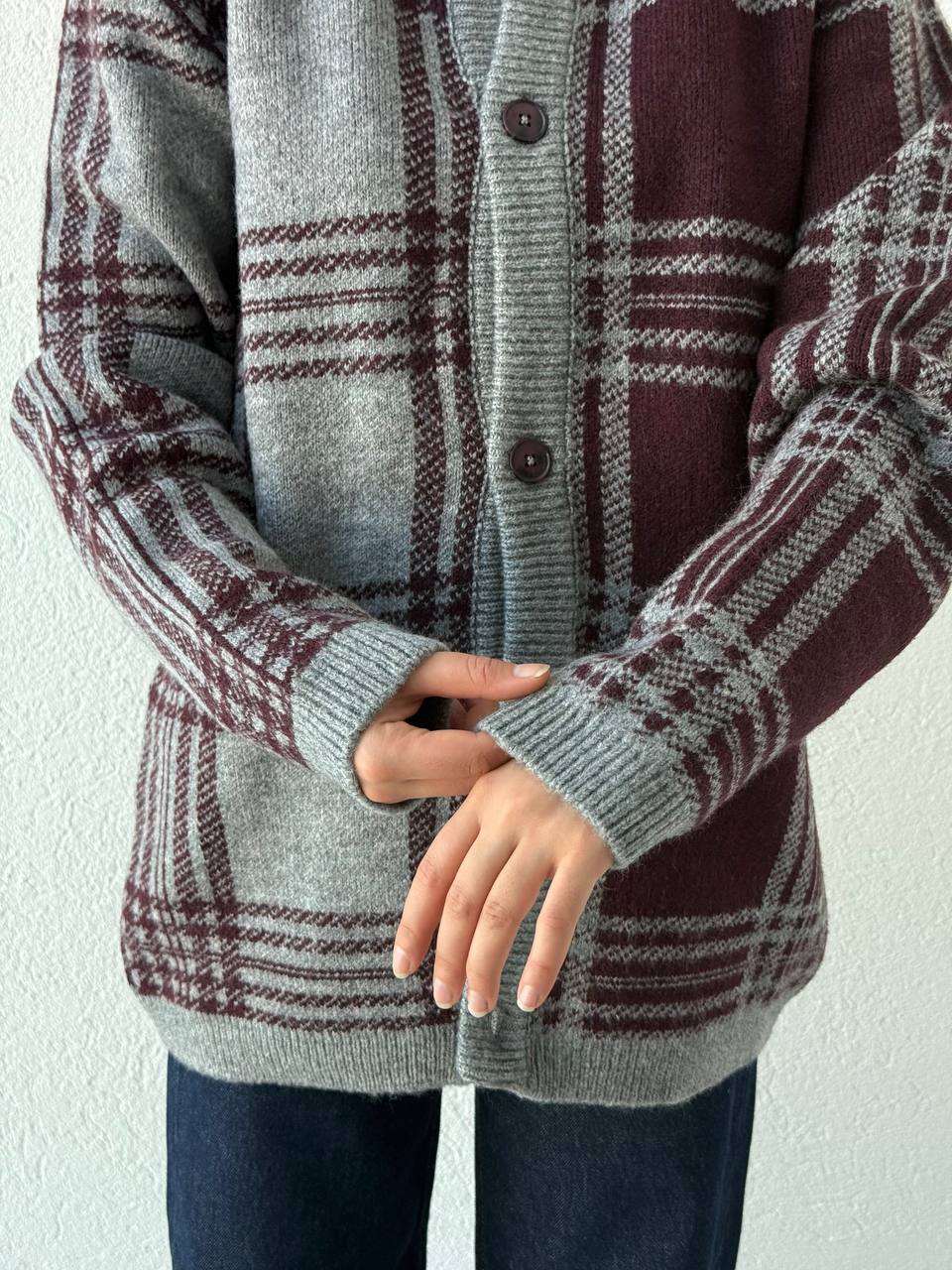 Premium Ekose Desen Hırka 0067 - gri-bordo