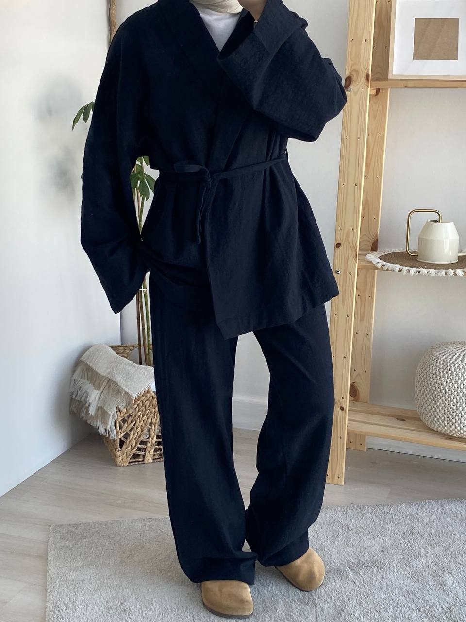 Keten Kimono Belden Bağlamalı Takım - Siyah
