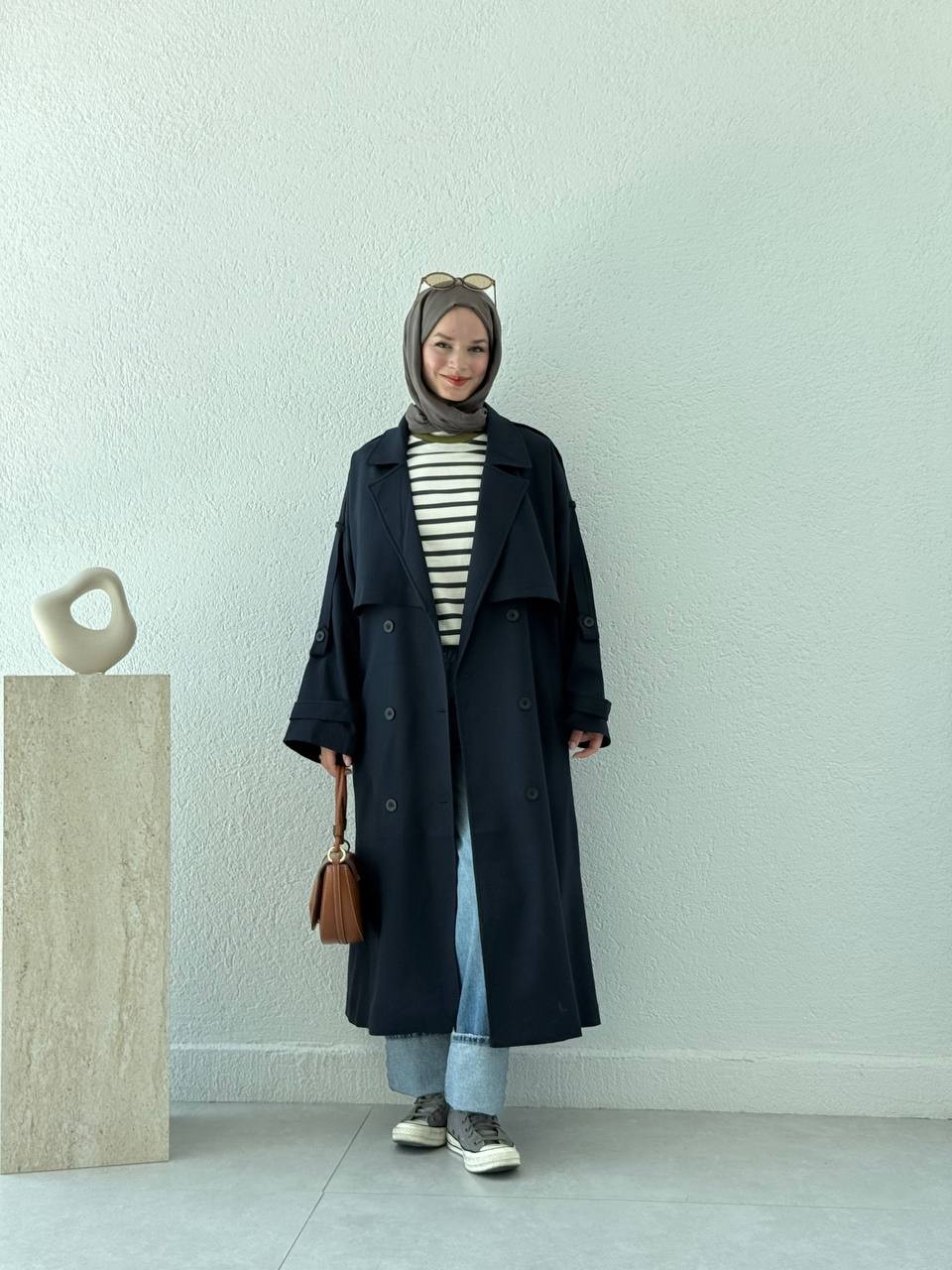 Premium Kalite Oversize Astarlı Kuşaklı Trençkot - Lacivert