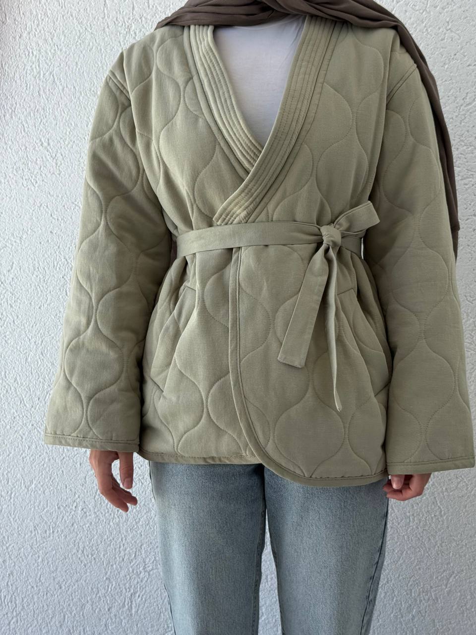 Premium Kalite İçi Dolgulu Kuşaklı Ceket 900 - Soft Yeşil