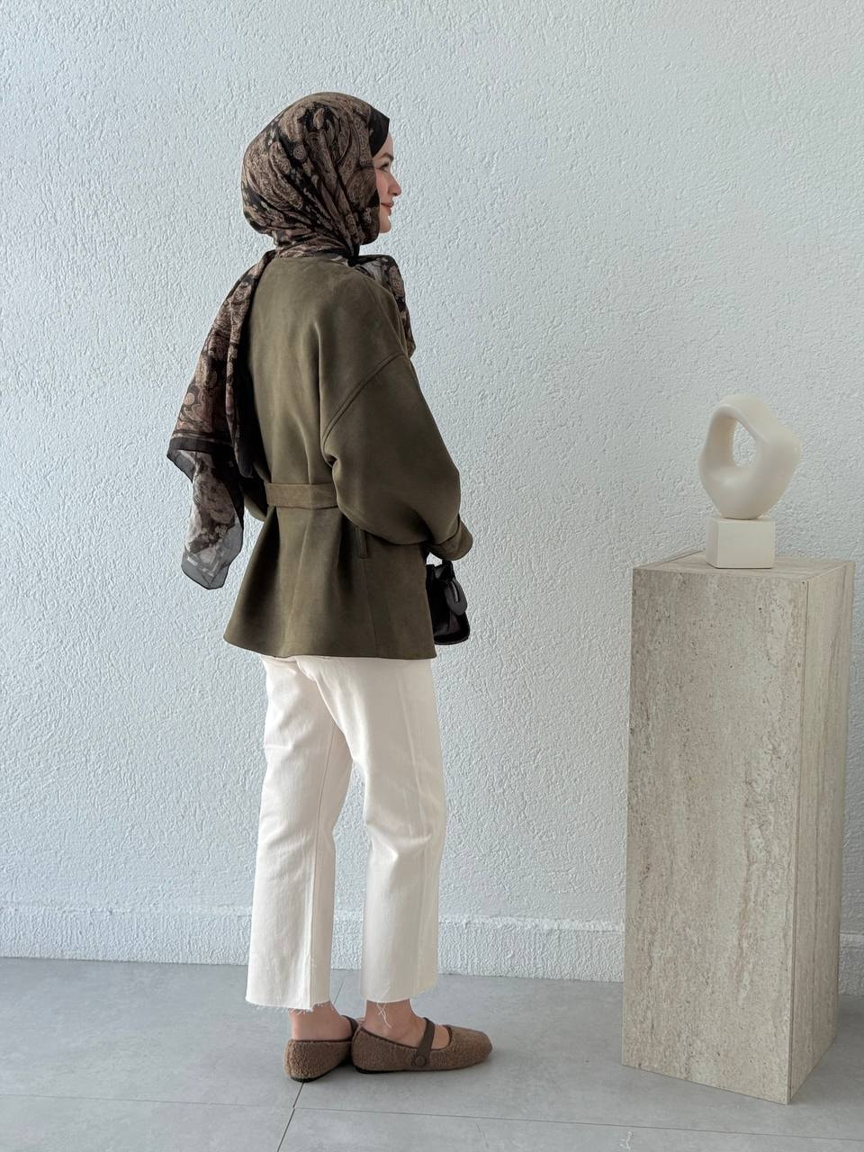 Yaka Düğme Detaylı Kuşaklı Süet Ceket  - Yeşil