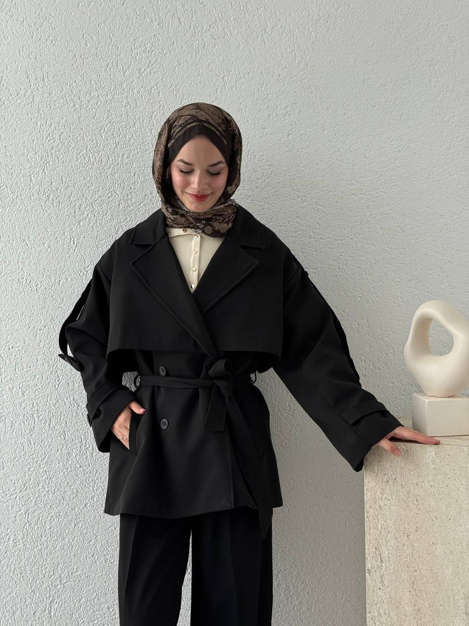 Kuşaklı İçi Astarlı Trençkot 9580 - Siyah