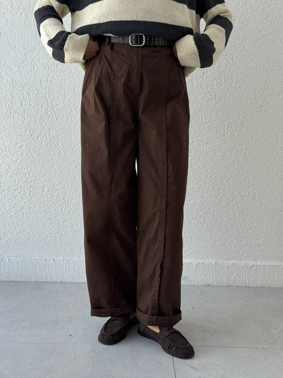 Pis Dikişli Retro Kemerli Pantolon 51208 - Kahve