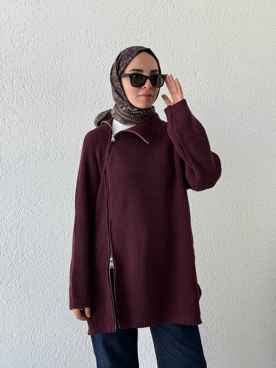 Çift Fermuarlı Triko Kazak KRN - bordo