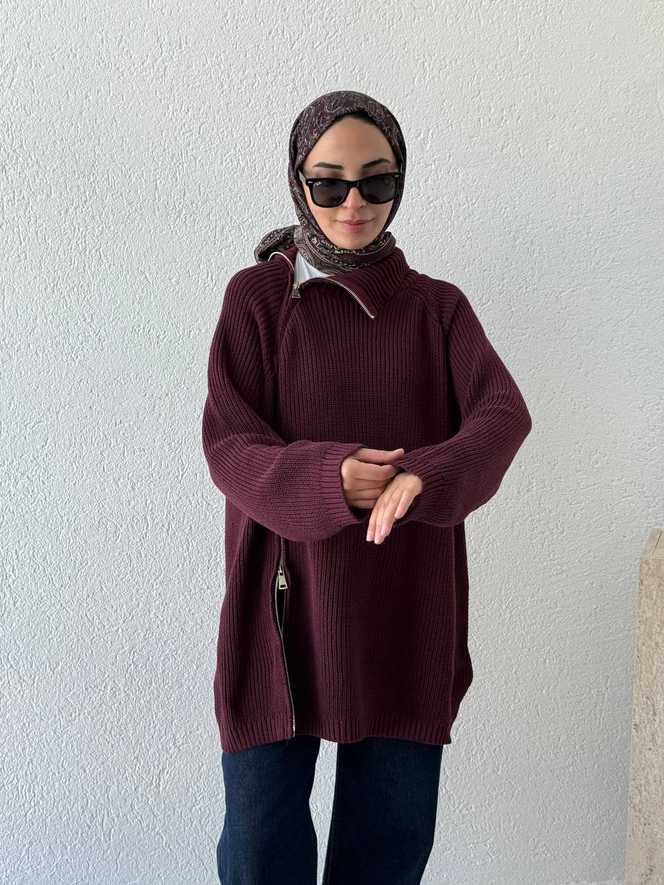 Çift Fermuarlı Triko Kazak KRN - bordo