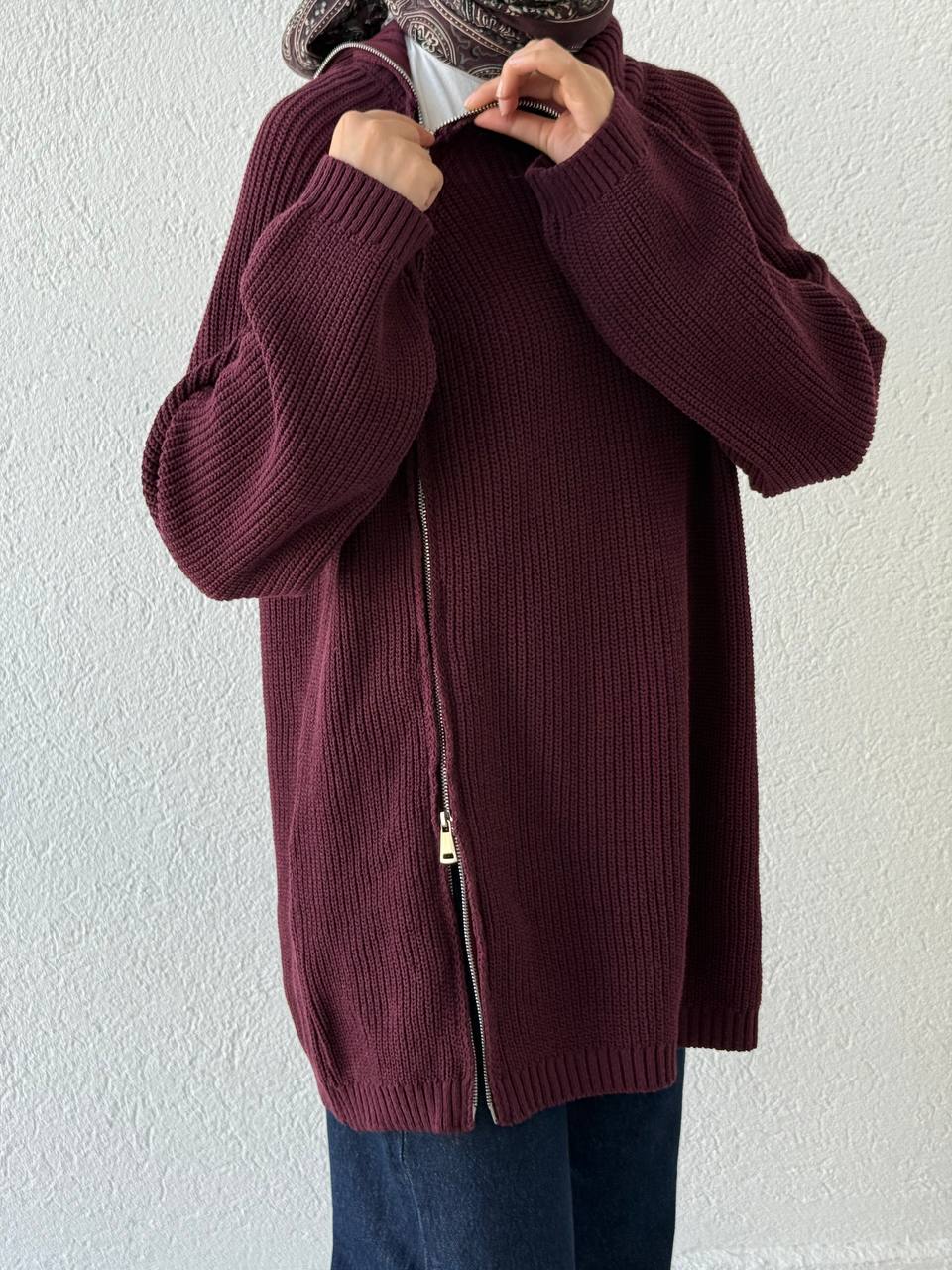 Çift Fermuarlı Triko Kazak KRN - bordo