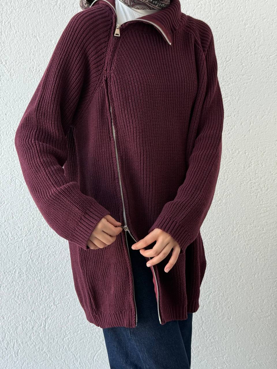 Çift Fermuarlı Triko Kazak KRN - bordo