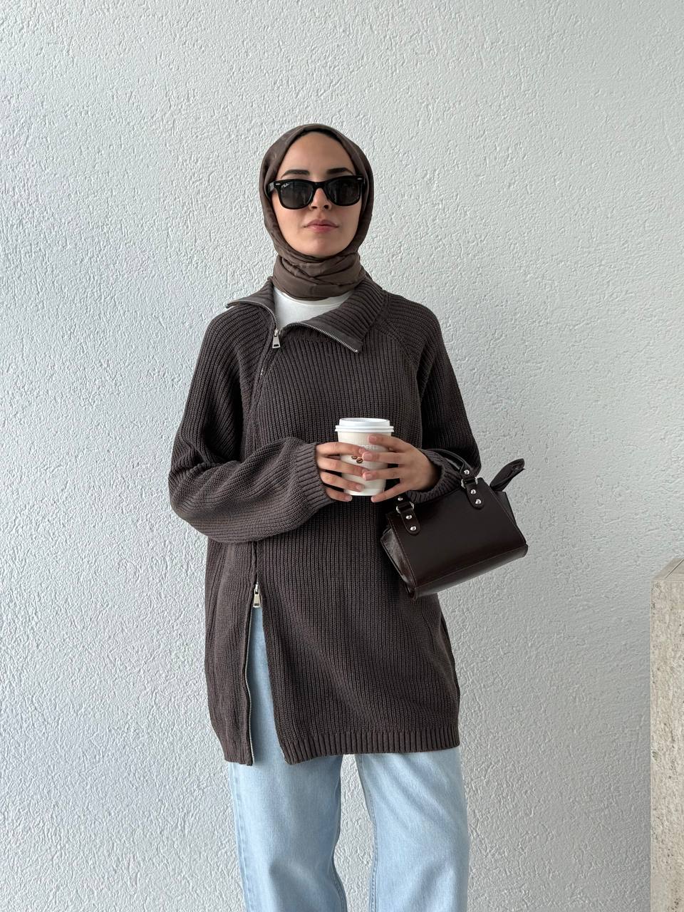 Çift Fermuarlı Triko Kazak KRN - Tozlu Kahve