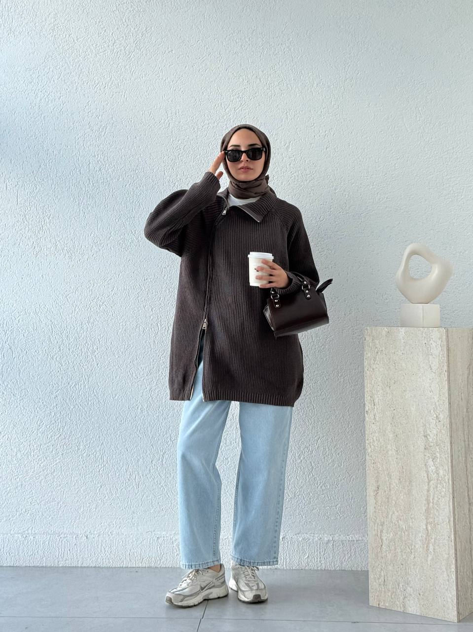 Çift Fermuarlı Triko Kazak KRN - Tozlu Kahve