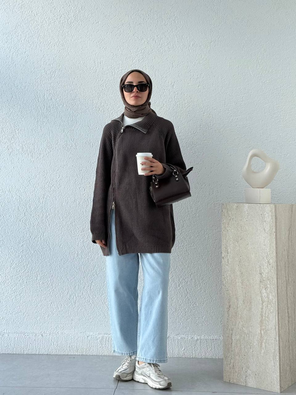 Çift Fermuarlı Triko Kazak KRN - Tozlu Kahve