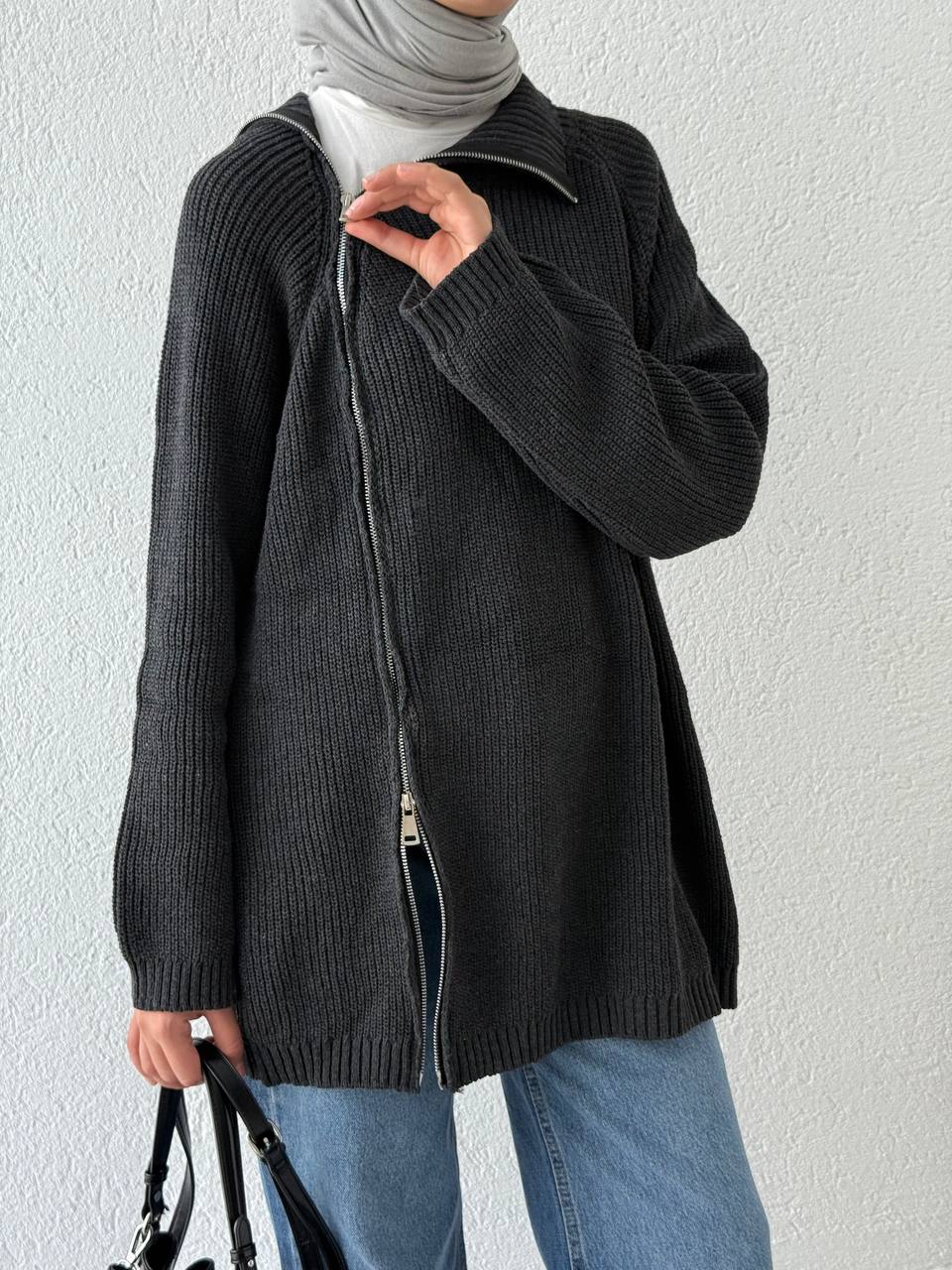 Çift Fermuarlı Triko Kazak KRN - Antrasit