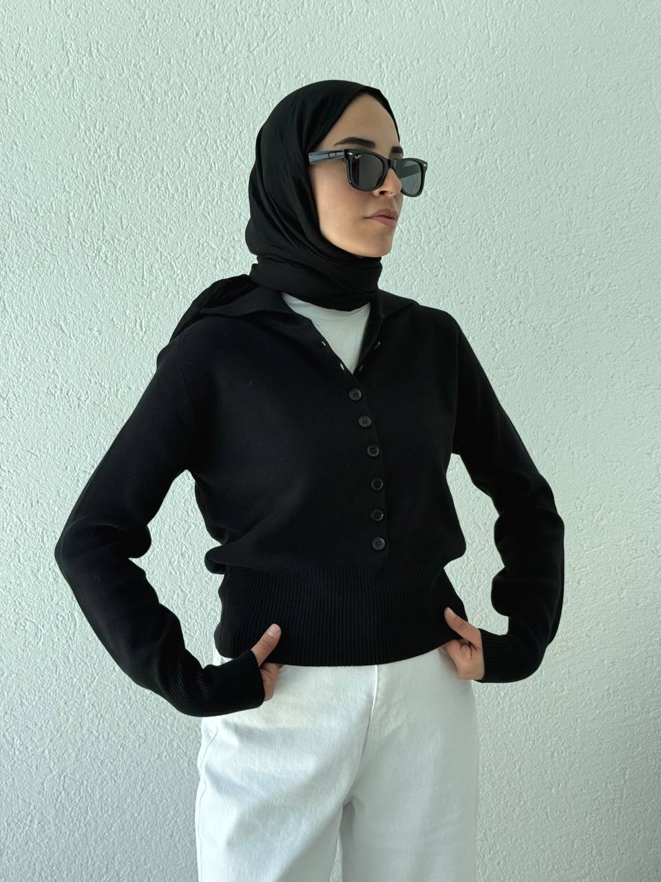 Polo Yaka Düğmeli Kazak 10816 - Siyah