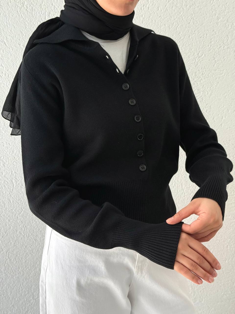 Polo Yaka Düğmeli Kazak 10816 - Siyah