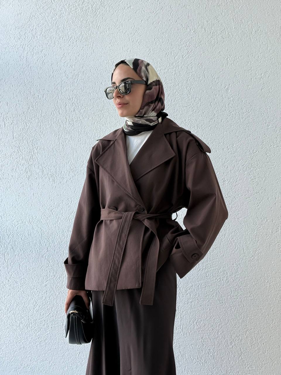 Oversize Pamuk Kuşaklı Kısa Trençkot 9609 - Kahve