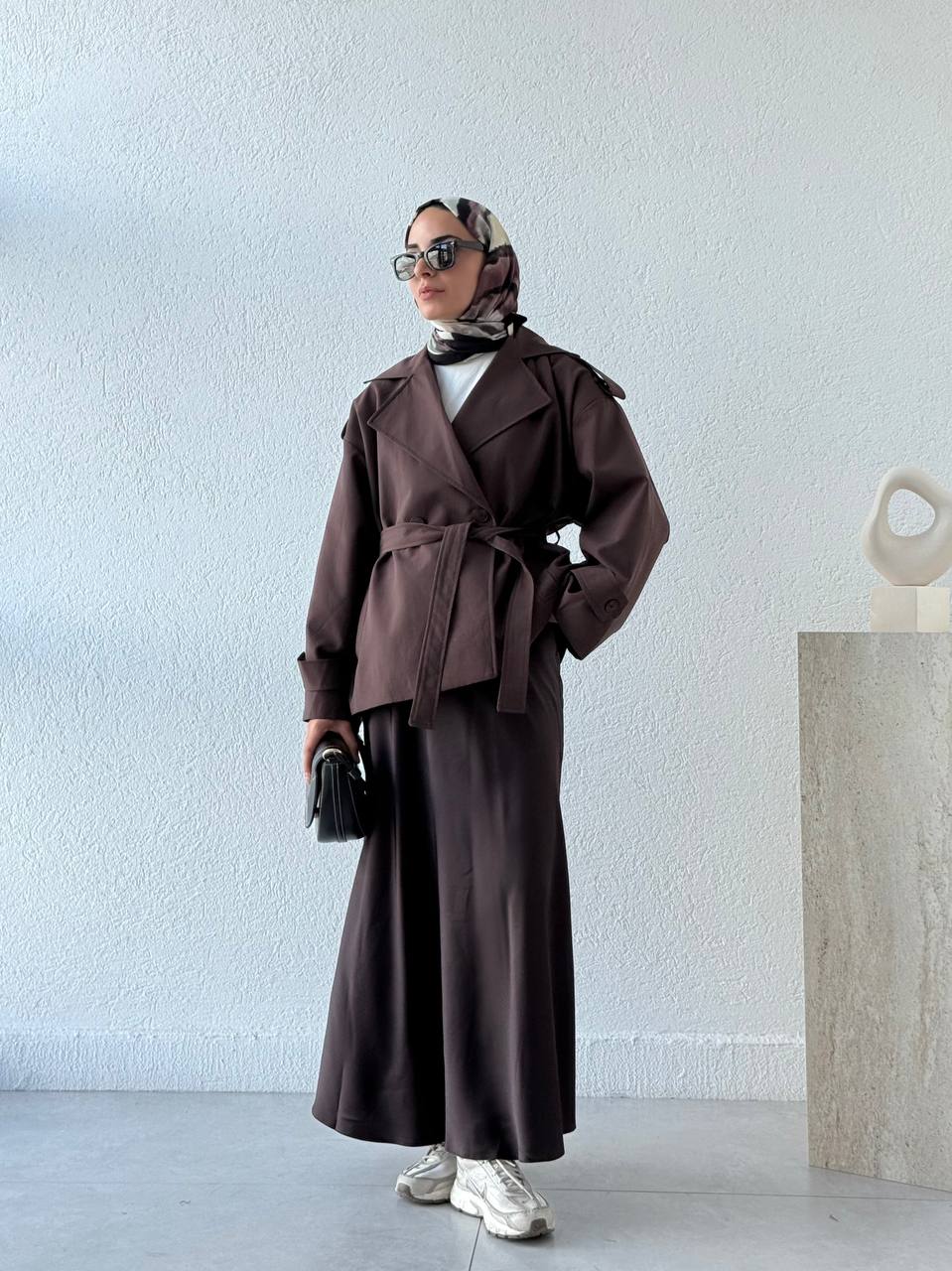 Oversize Pamuk Kuşaklı Kısa Trençkot 9609 - Kahve