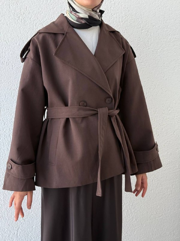 Oversize Pamuk Kuşaklı Kısa Trençkot 9609 - Kahve