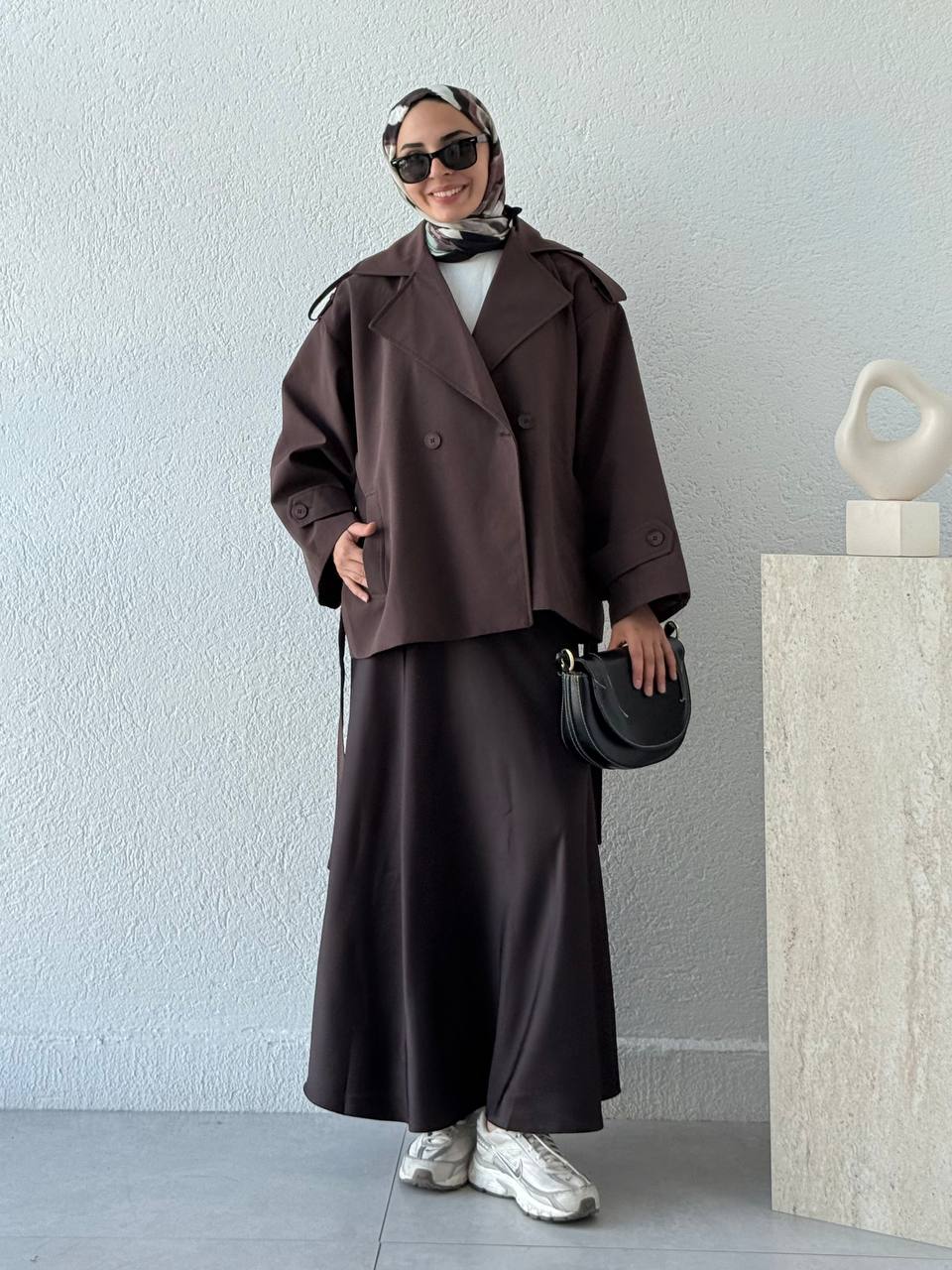 Oversize Pamuk Kuşaklı Kısa Trençkot 9609 - Kahve