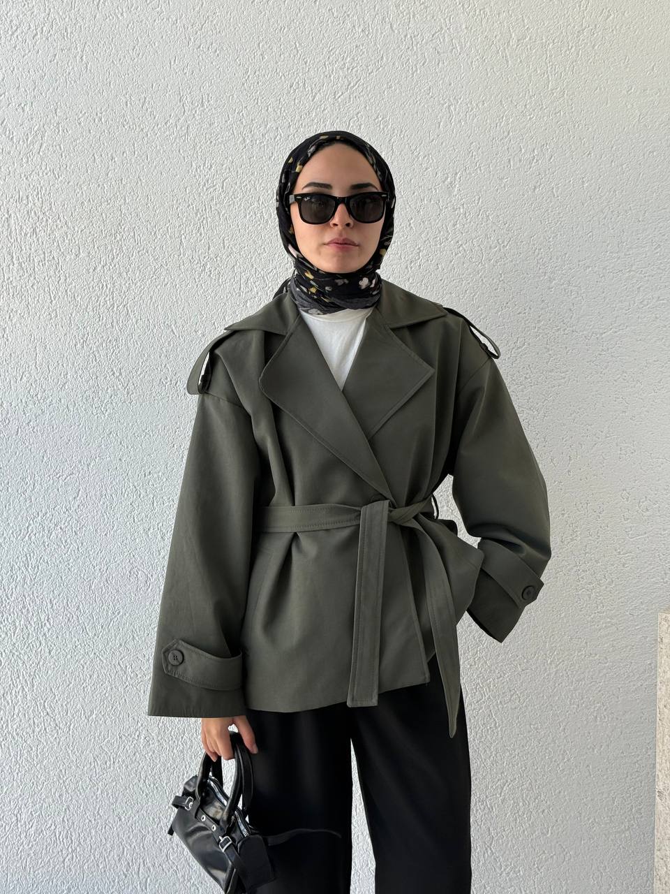 Oversize Pamuk Kuşaklı Kısa Trençkot 9609 - Yeşil