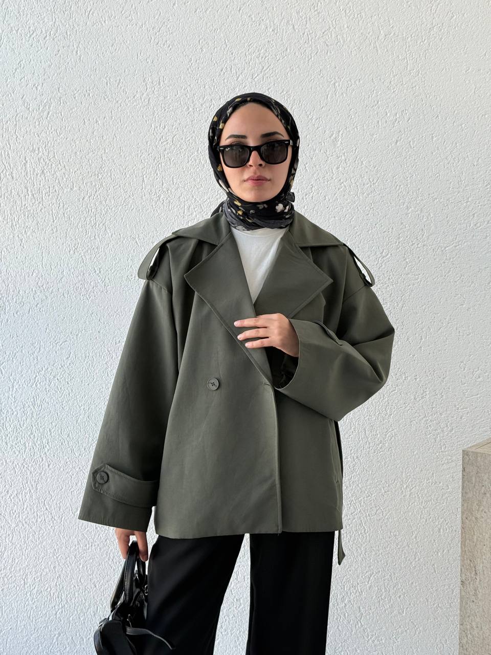 Oversize Pamuk Kuşaklı Kısa Trençkot 9609 - Yeşil