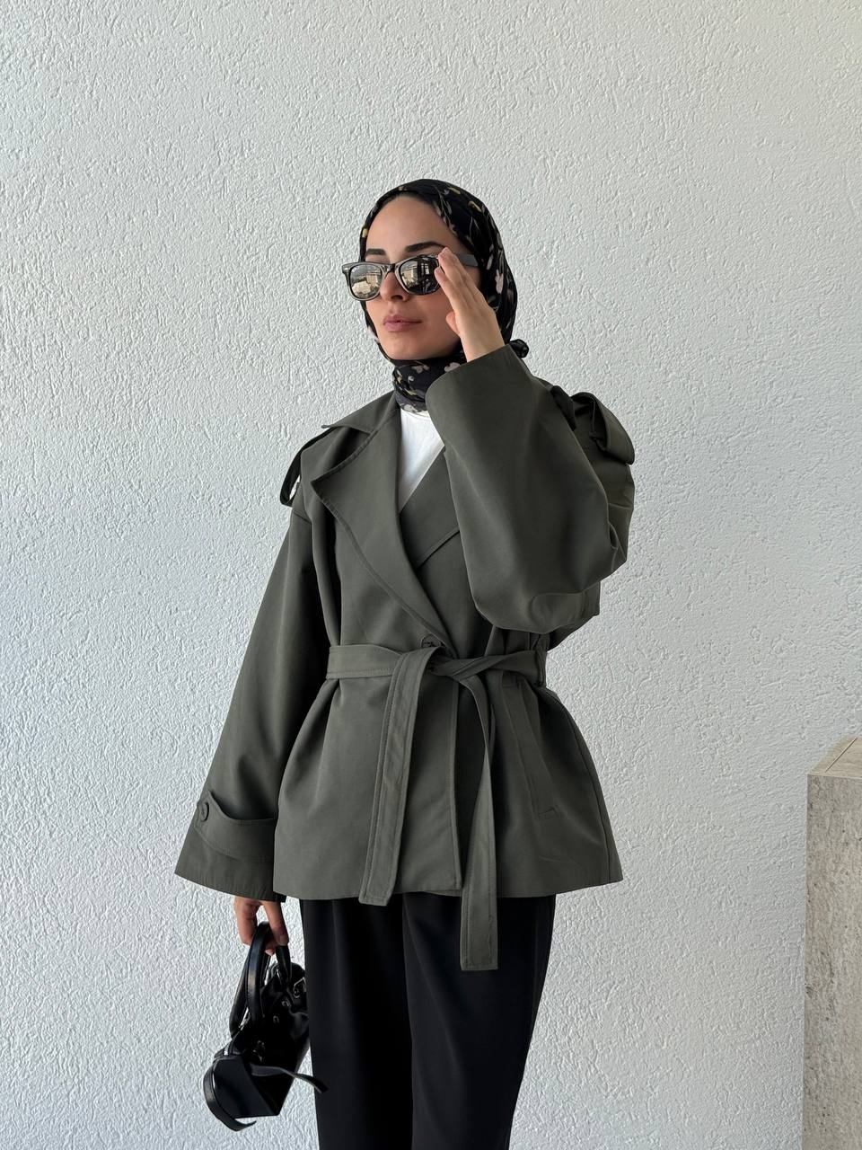 Oversize Pamuk Kuşaklı Kısa Trençkot 9609 - Yeşil