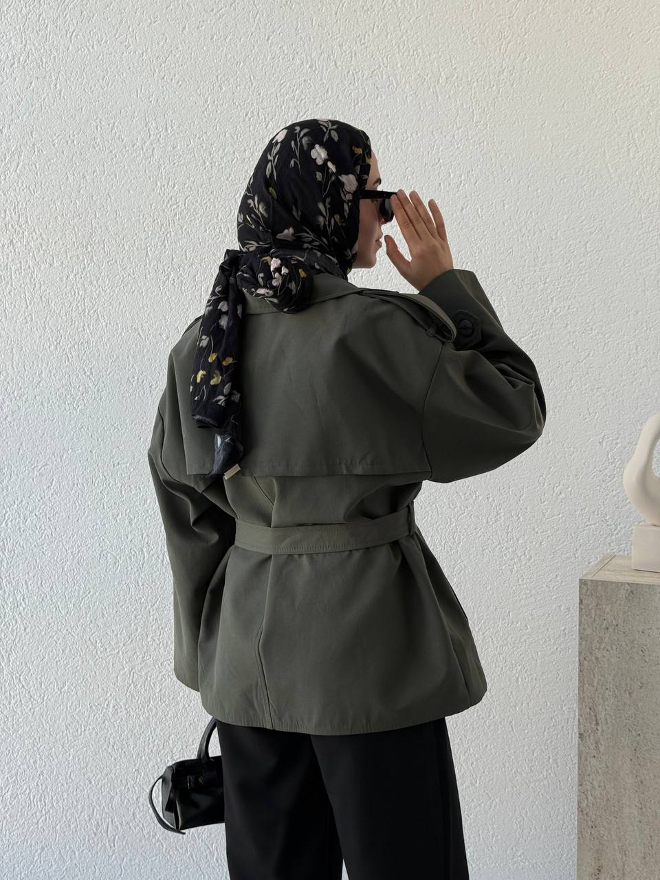 Oversize Pamuk Kuşaklı Kısa Trençkot 9609 - Yeşil