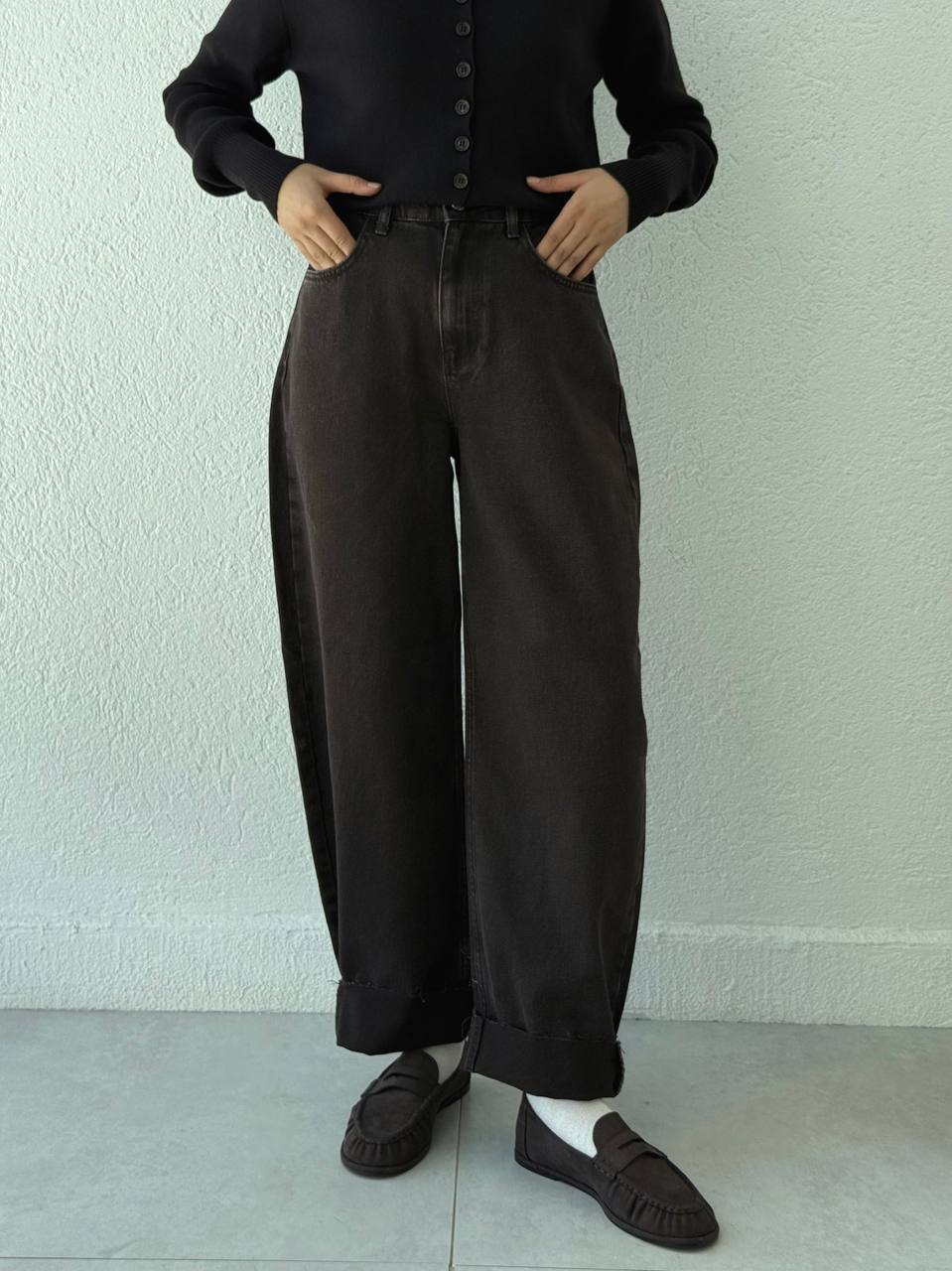 Yüksek Bel Kot Baggy Pantolon 0033 BYKN - Kahve