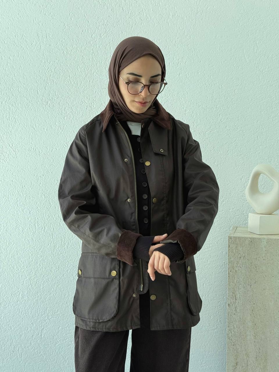 Kadife Yaka Barbour Kısa Trençkot 0007 - Kahve