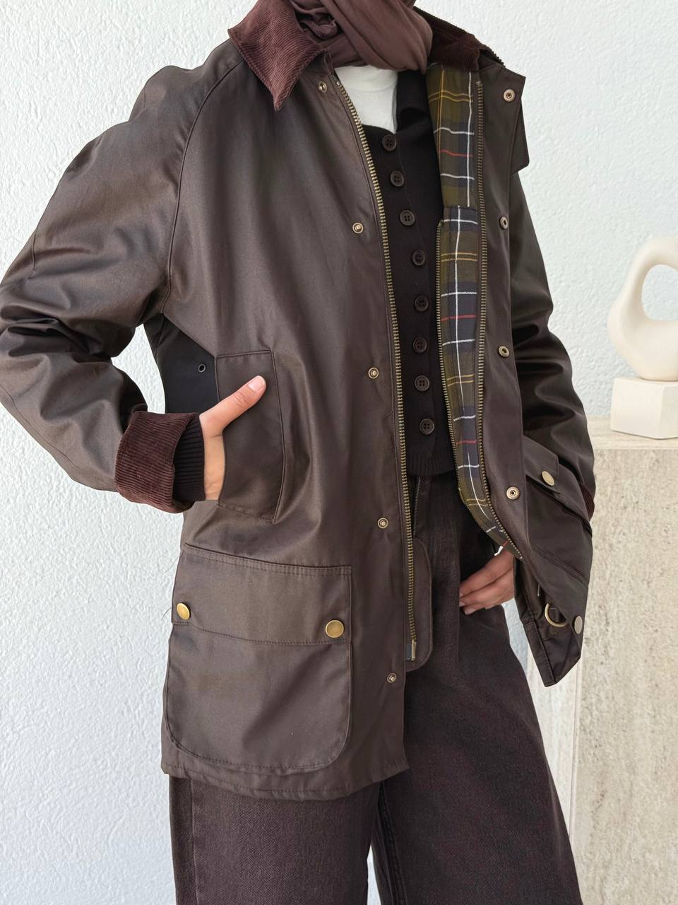 Kadife Yaka Barbour Kısa Trençkot 0007 - Kahve