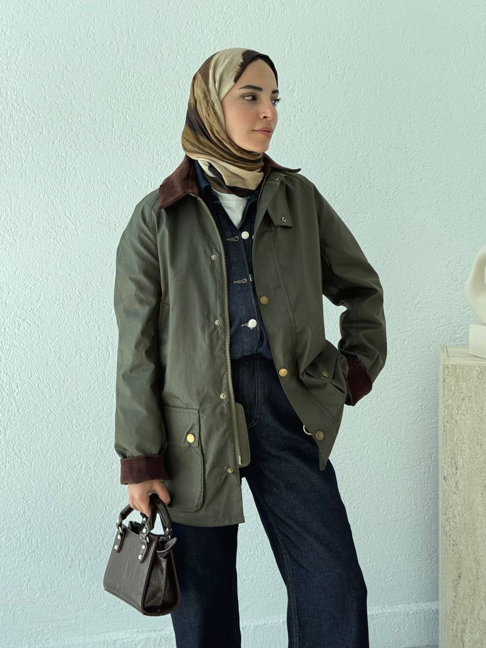 Kadife Yaka Barbour Kısa Trençkot 0007 - Haki