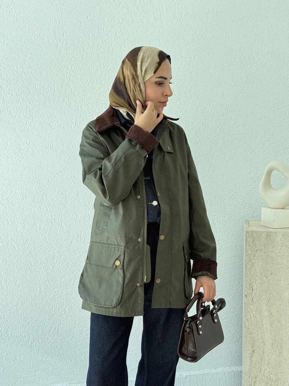 Kadife Yaka Barbour Kısa Trençkot 0007 - Haki