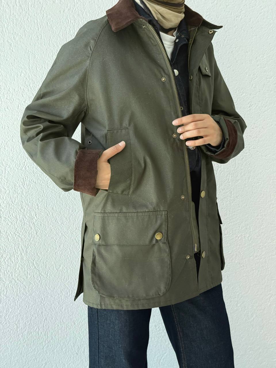 Kadife Yaka Barbour Kısa Trençkot 0007 - Haki