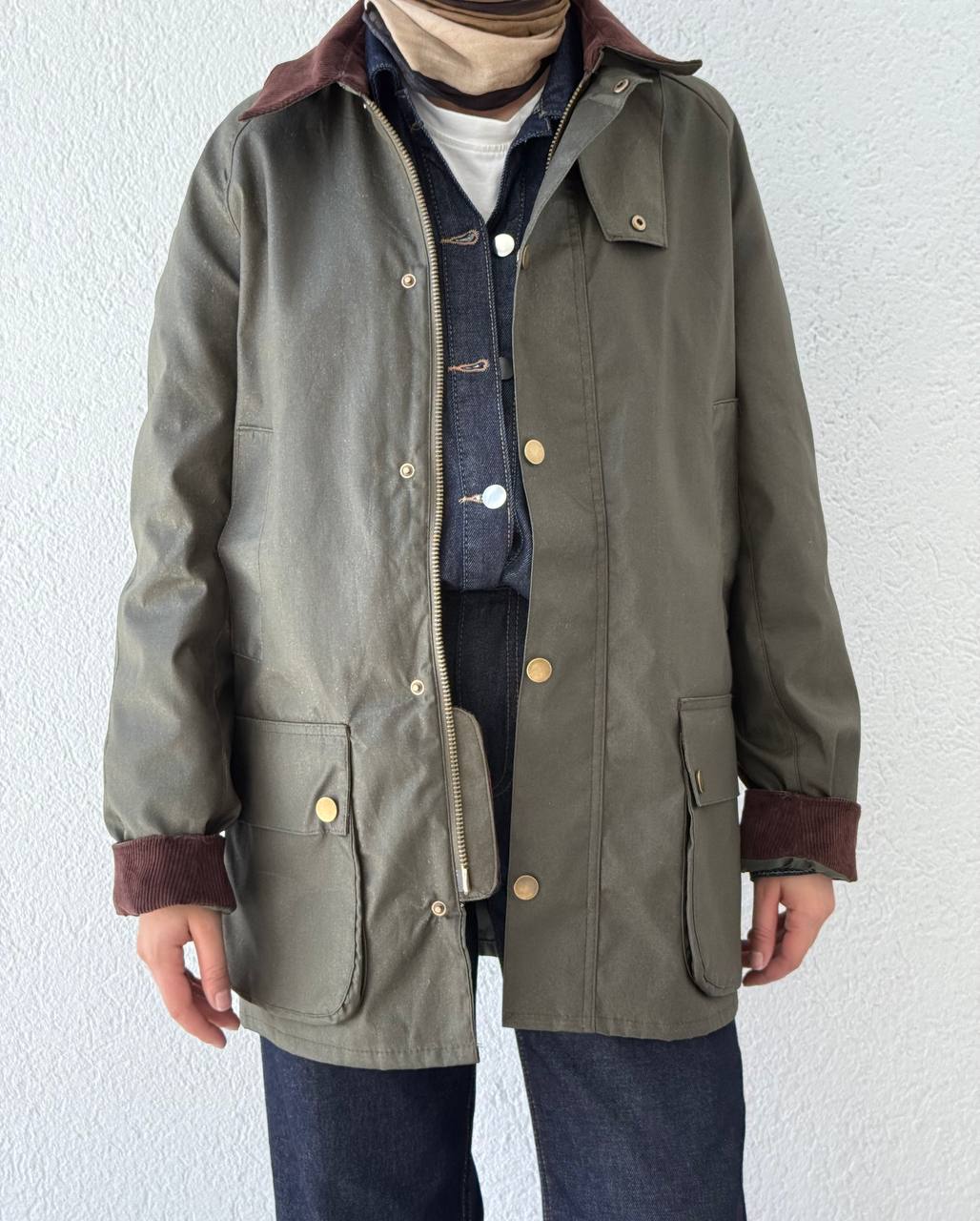 Kadife Yaka Barbour Kısa Trençkot 0007 - Haki