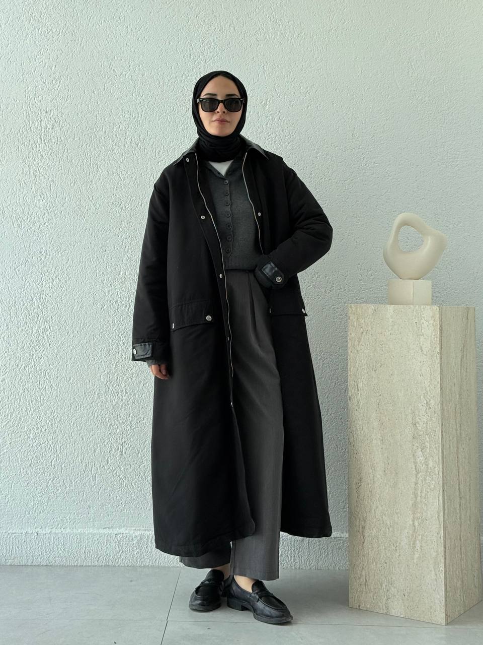Yaka Deri Detaylı Astarlı Kapitone Mont K101 - Siyah