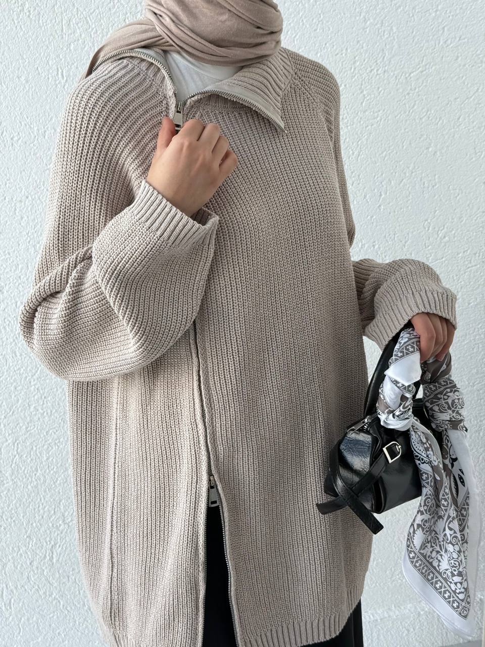 Çift Fermuarlı Triko Kazak KRN - Taş