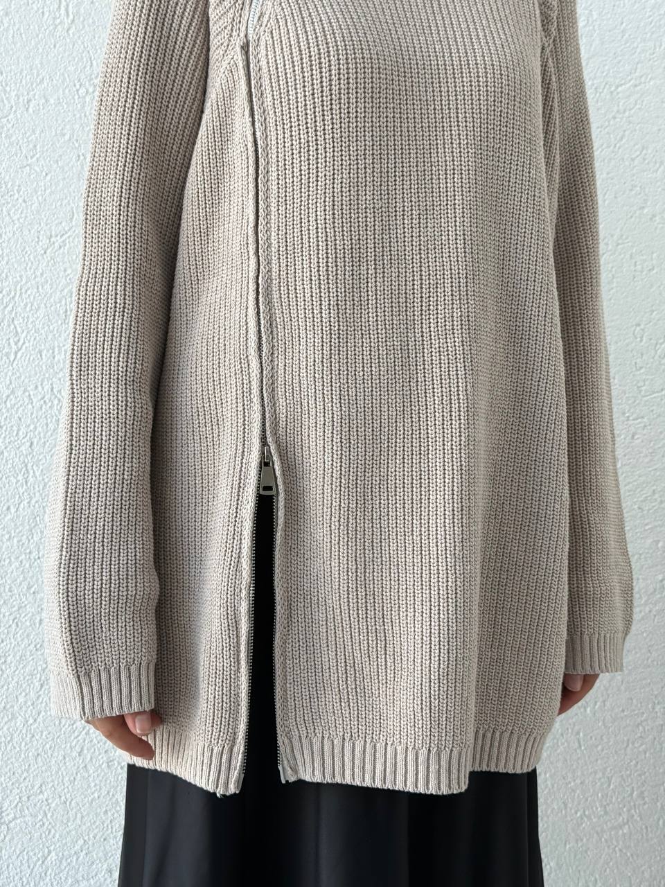 Çift Fermuarlı Triko Kazak KRN - Taş