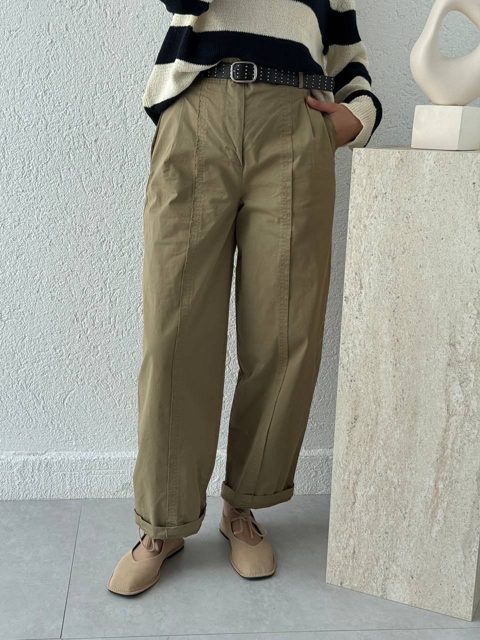 Pis Dikişli Retro Kemerli Pantolon 51208 - Çağla Yeşili
