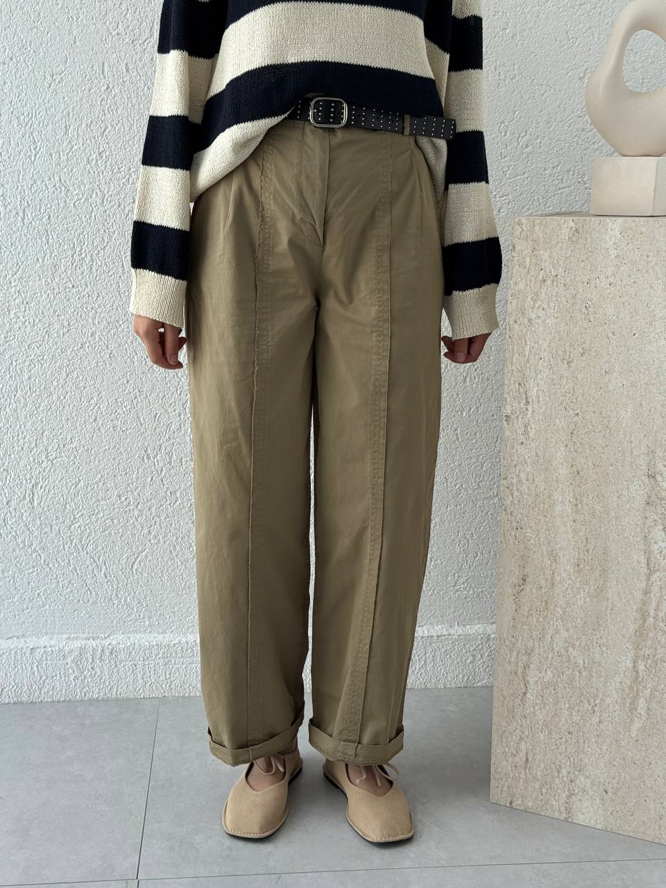 Pis Dikişli Retro Kemerli Pantolon 51208 - Çağla Yeşili