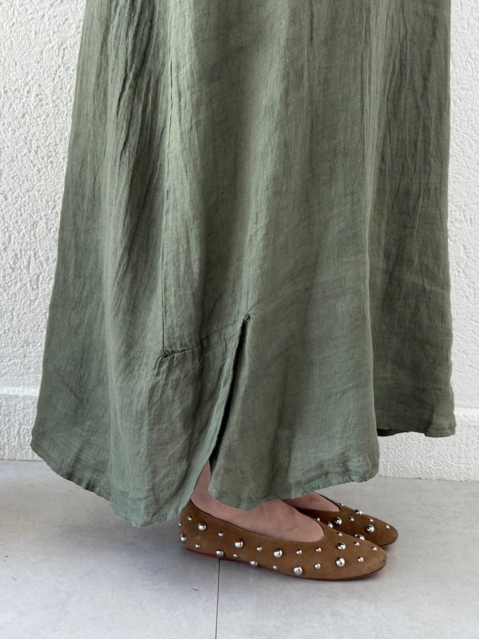 Keten Düğmeli Oversize Cepli Elbise FLR - Yeşil