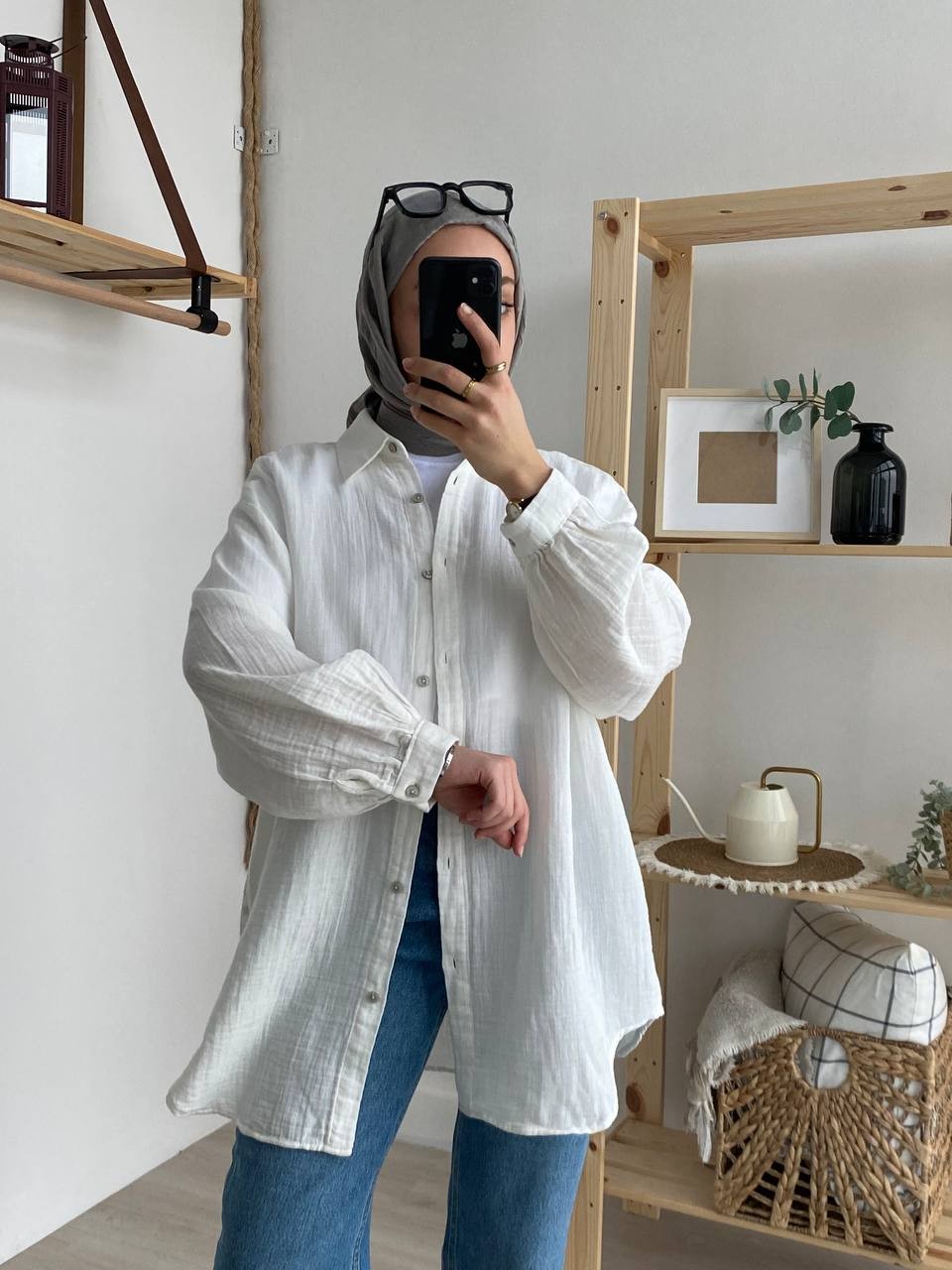 Pamuk Oversize Düşük Kol Gömlek - Beyaz