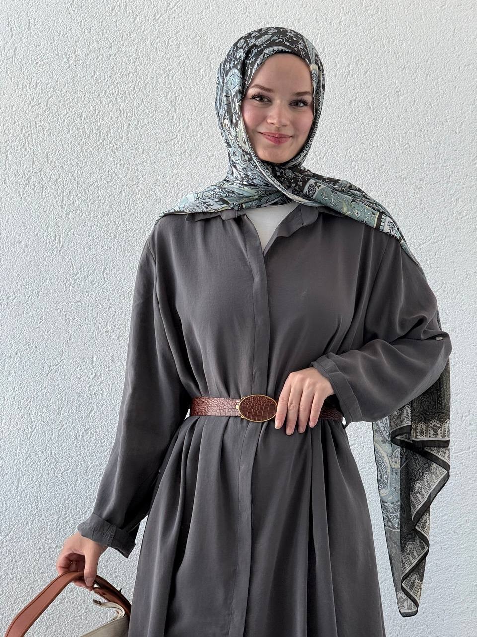 Tencel Önden Düğmeli Kemerli Tunik - Elbise 3270 - Antrasit