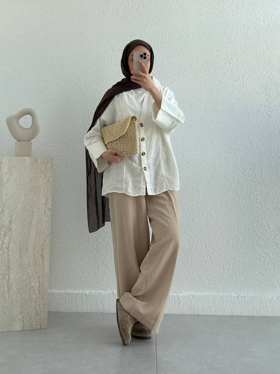 Kemerli Keten Palazzo Pantolon 51150 - Taş