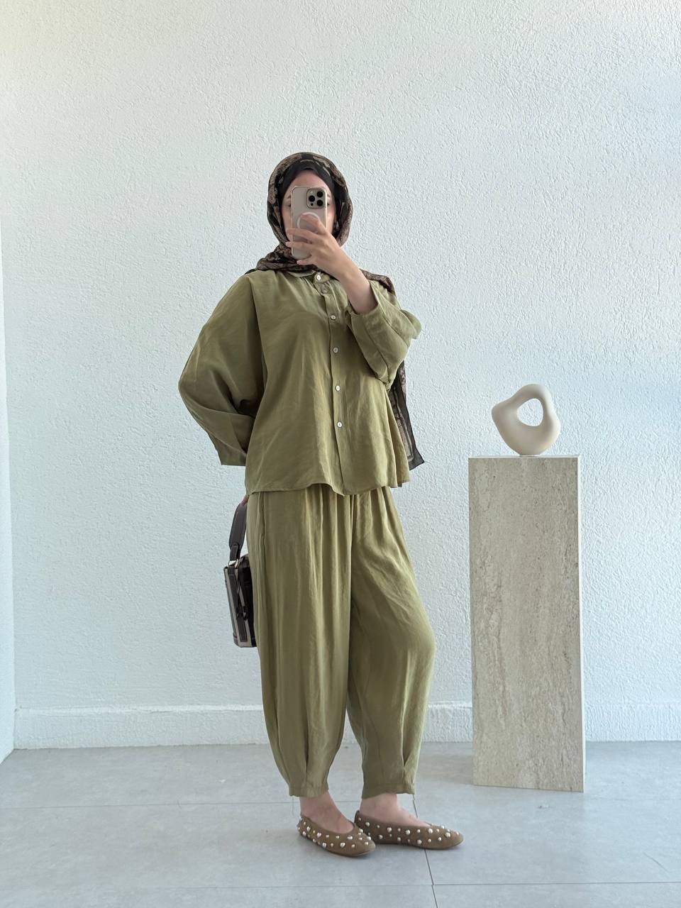 Kol Detaylı Tencel Şalvar Takım 50957 - Yeşil