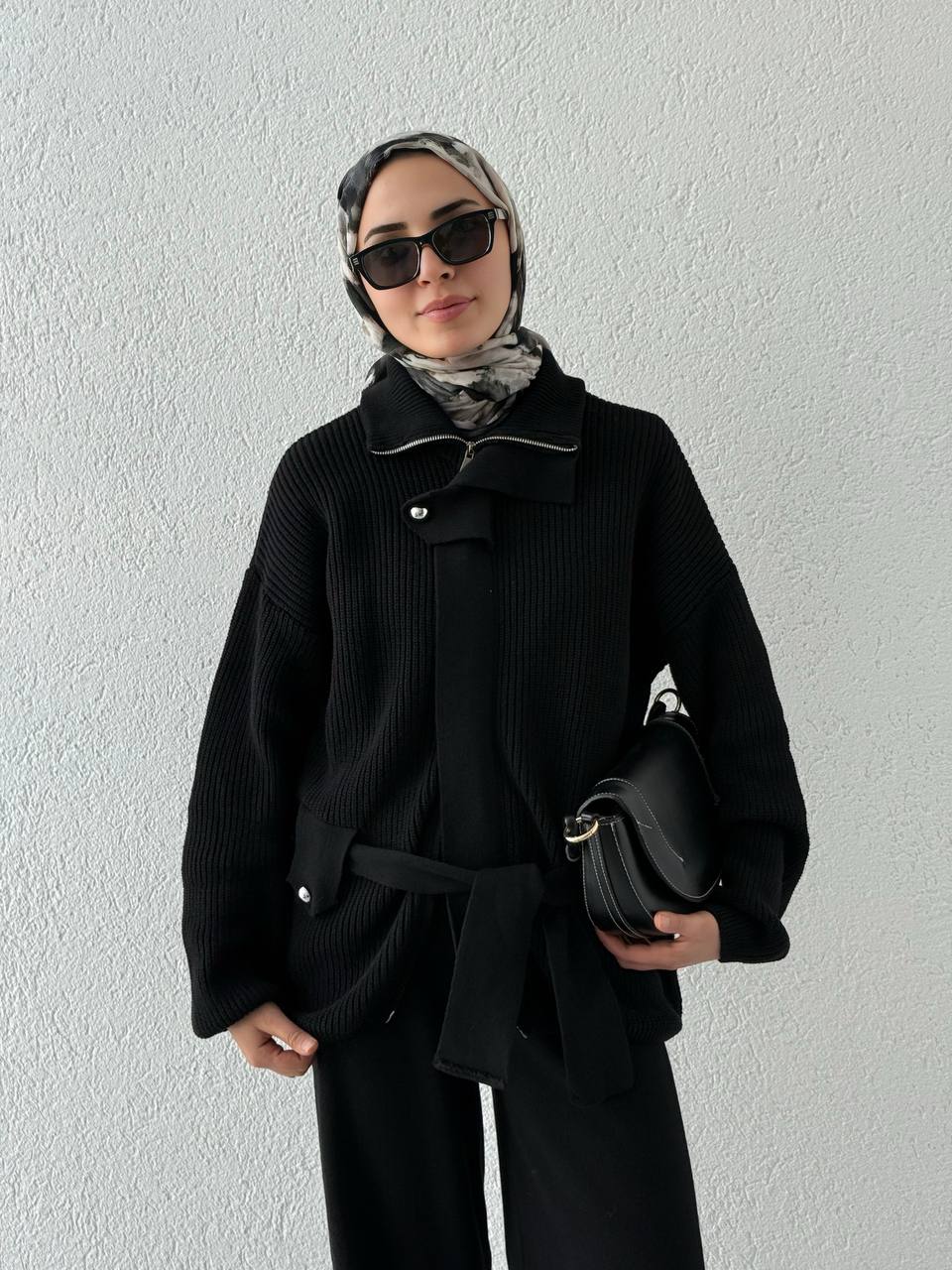 Büyük Düğmeli Triko Takım T51 - Siyah