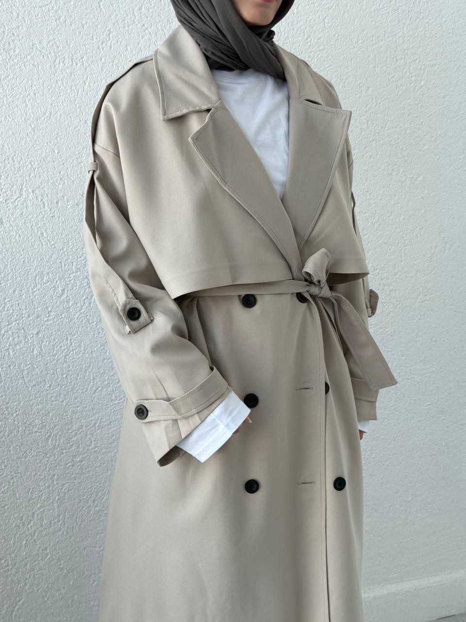 Premium Kalite Oversize Astarlı Kuşaklı Trençkot - Taş