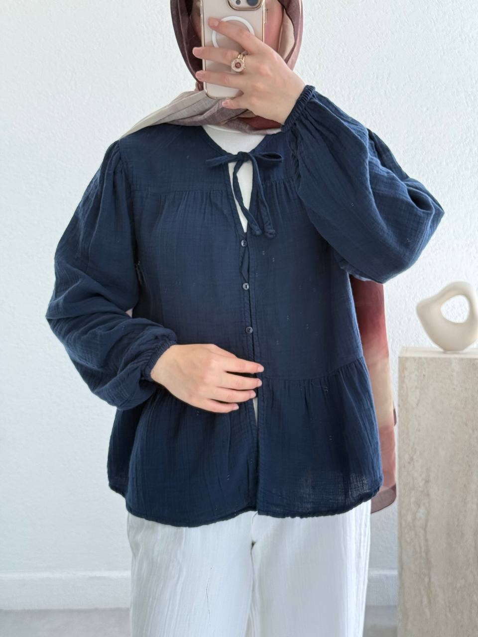 Muslin Ön Bağlamalı Düğmeli Gömlek 4563 - Lacivert